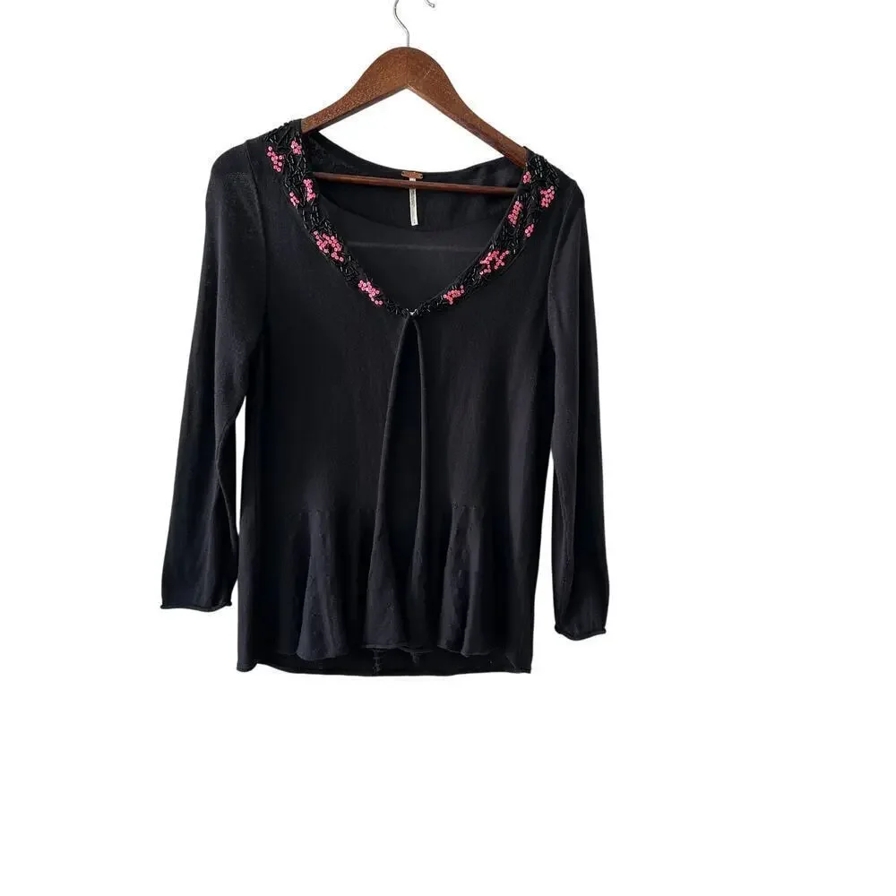 Free People Embellished Cardigan Black Beads Sequins Size S Boho Y2K Style